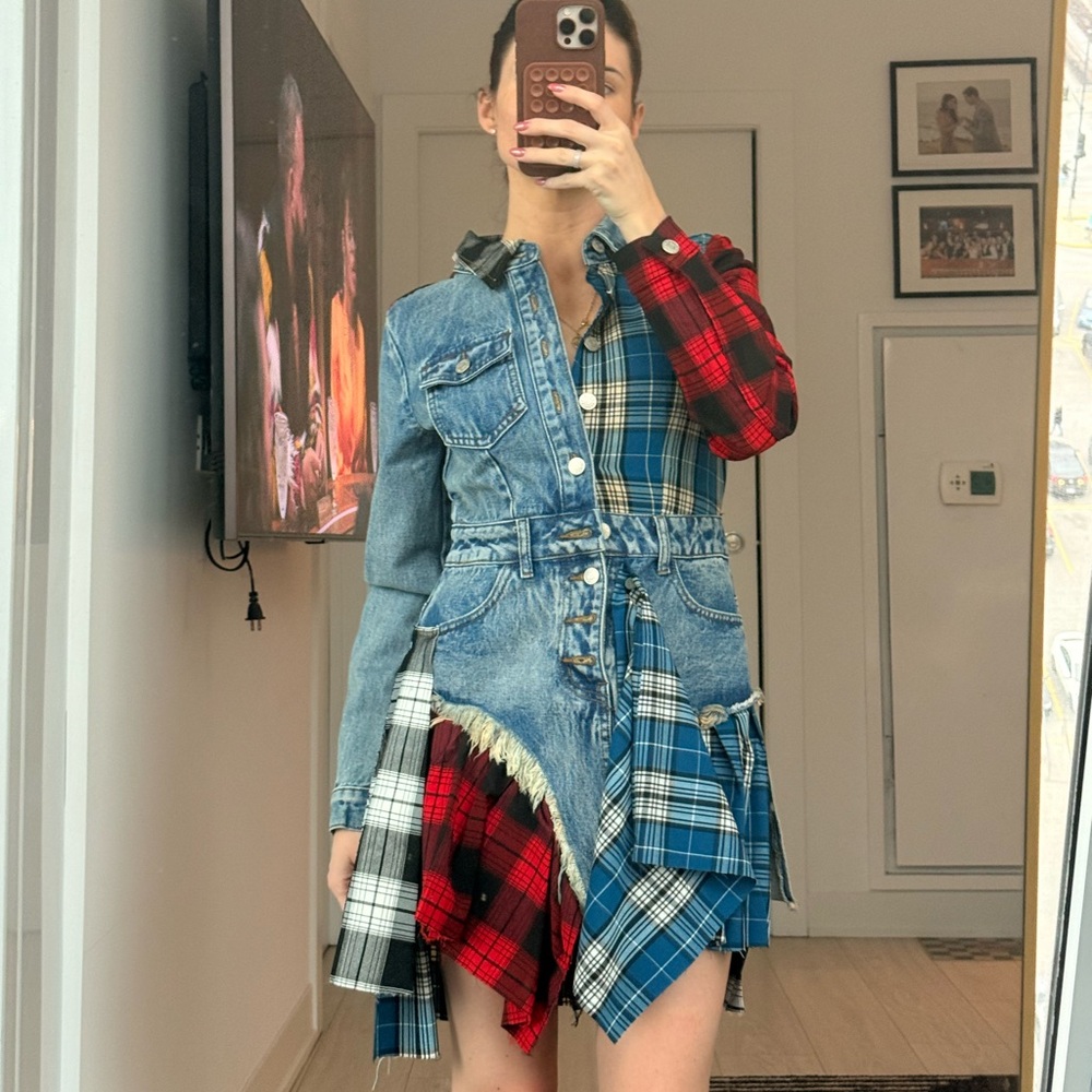 AKIRA Denim and Plaid Patchwork Midi Dress